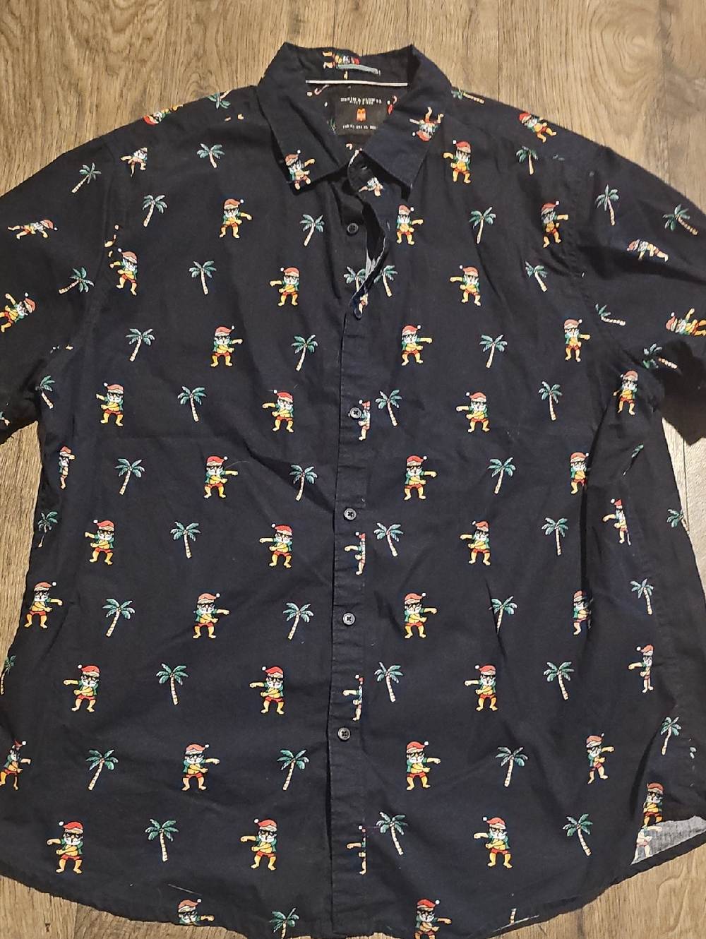 Denim & Flower Navy Shirt Short-Sleeve 100% Cotton Tropical  Santa Xlarge Palm